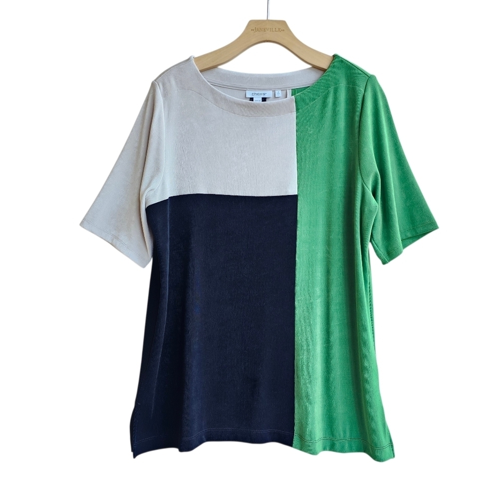 Chico's Travelers Colorblock Tunic Slinky Top Green Black Cream 2 L